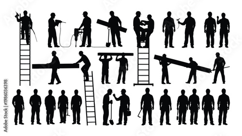 A collection of black silhouette icons depicting various construction workers and their tools high quality professional