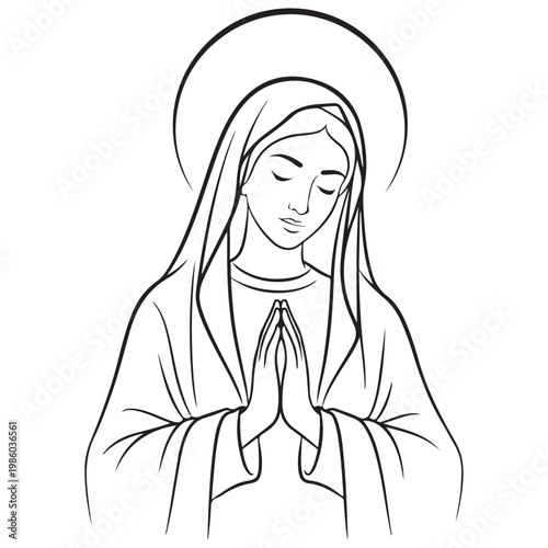 Virgin Mary praying with hands together and halo minimalist line art vector illustration for religious and spiritual design