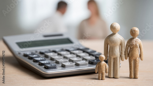 Wooden family figures stand beside a calculator on a desk, symbolizing financial planning and budgeting for families. Blurred couple in the background suggests discussion of money matters