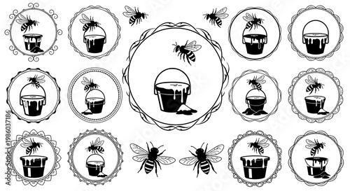 Collection of Black and White Bee and Honey Bucket Vector Icons with Decorative Frames