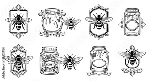 Vintage Honey Bees and Jars Black and White Decorative Line Art Collection