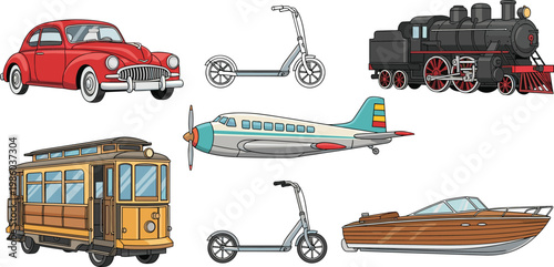 Vintage Transportation and Vehicle Icon Set with Classic Car, Scooter, Steam Train, Tram, Airplane, and Speedboat Elements for Travel, History, and Retro Designs