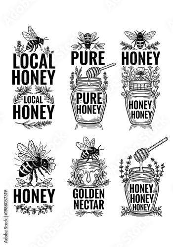 A Collection of Hand-Drawn Black and White Honey Labels and Emblems Featuring Bees