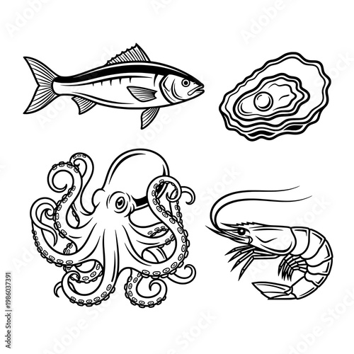 A Collection of Black and White Seafood Outline Vector Illustrations