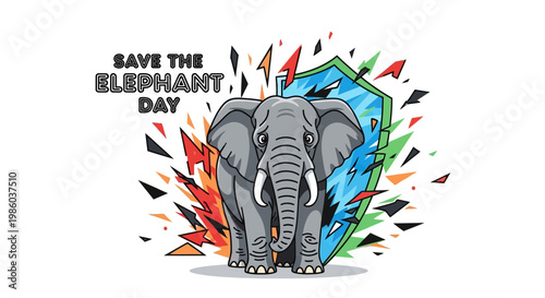 An illustration for Save the Elephant Day featuring an African elephant standing powerfully in front of a shattered shield, symbolizing wildlife protection and endangered species awareness