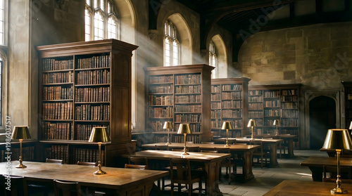 Sunlight Streams Through Windows into an Old Library with Wooden Bookshelves and Desks