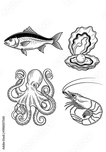 Detailed Black and White Hand-Drawn Marine Life Illustrations Featuring Fish, Octopus, Oyster, and Shrimp