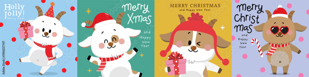Fototapeta premium Merry Christmas and happy new year 2027 greeting card with cute goat in winter costume and gift. Animal zodiac cartoon character. -Vector