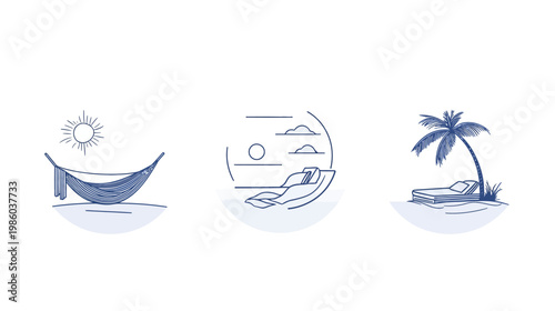Three stylized illustrations showing relaxation themes a hammock, lounge chair, and a palm tree with lounger