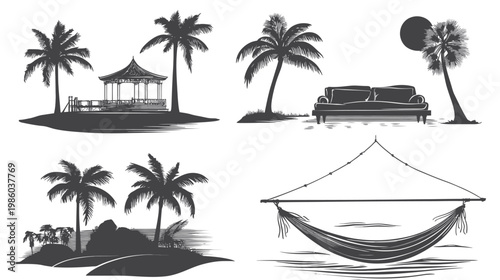 Four grayscale island scenes featuring palm trees, structures, a sofa, and a hammock