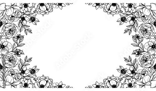 Elegant black and white floral border background with detailed line art flowers isolated on white vector