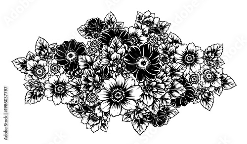 Bold black and white floral background with dense flower silhouettes and decorative botanical elements vector