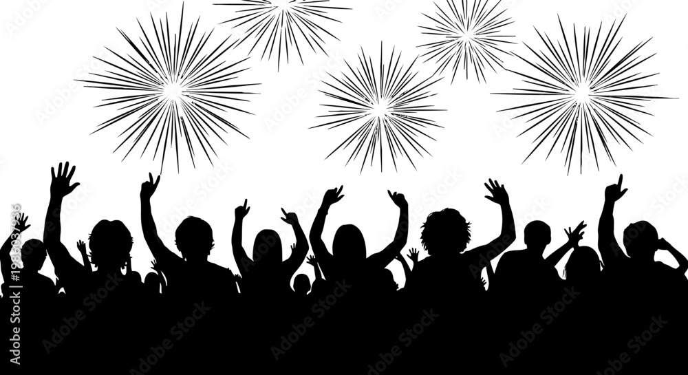 Fototapeta premium People dancing and fireworks silhouette.