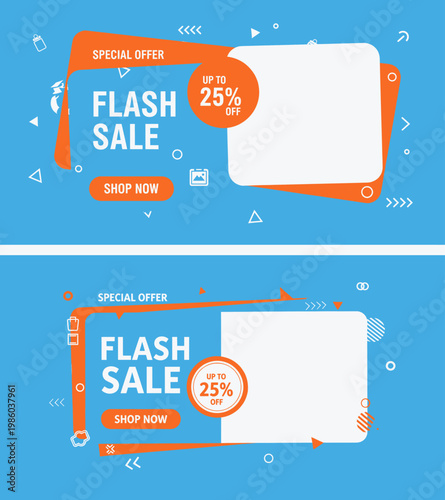 A promotional flash sale advertisement with orange and white graphics on a blue background featuring special offer text and a call to action to shop now.