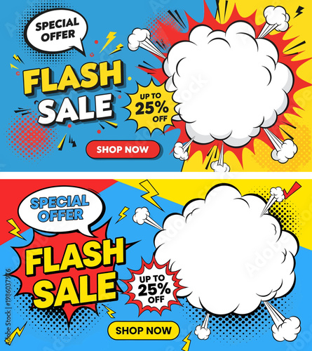 A vibrant comic book-style illustration of a flash sale advertisement with colorful speech bubbles and explosive effects on a bright background