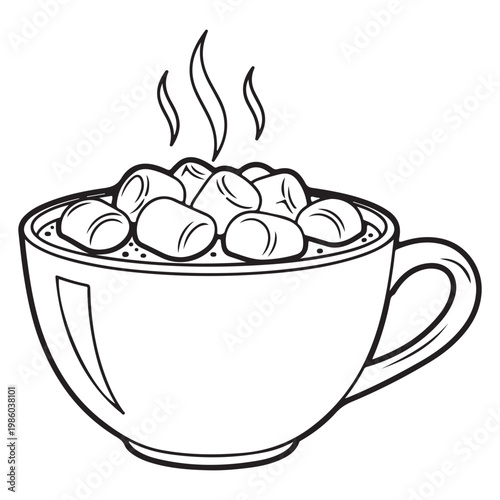 Hot cocoa with marshmallows in a mug vector illustration line art for coloring book or cafe menu