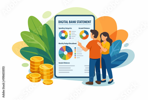 Couple Reviewing Digital Bank Statement and Monthly Budget