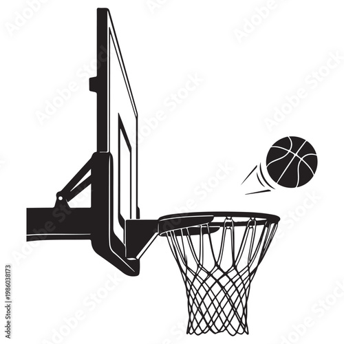 Basketball hoop with backboard and ball in motion vector illustration for sports competition and team branding