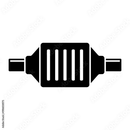 Black Silhouette Catalytic Converter with Ribbed Heat Shield Vector Icon