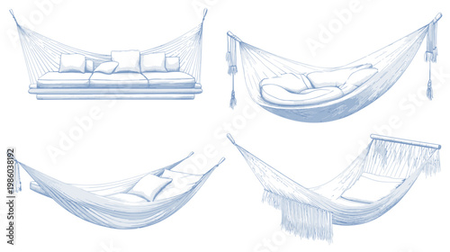Four stylized illustrations of hammocks in blue and white, suitable for relaxation and leisure