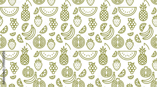 A vibrant seamless fruit pattern background composed of a variety of delicious fruits, including pineapple, grapes, strawberry, banana, watermelon and orange.