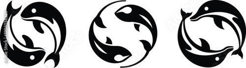 Dolphin Yin Yang Logo Set, Symmetrical Marine Life Circular Vector Icons, Double Dolphin Balance Emblem, Abstract Orca and Cetacean Silhouette Badges