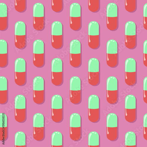 Red and mint green capsules arranged in a diagonal grid on a solid pink background in pop art style. Ideal for medical wallpapers, pharmacy branding, and creative healthcare backgrounds.