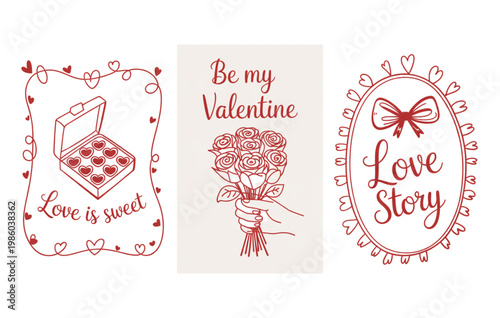 Set of romantic Valentine's Day vector cards with chocolate box, rose bouquet, and love story typography