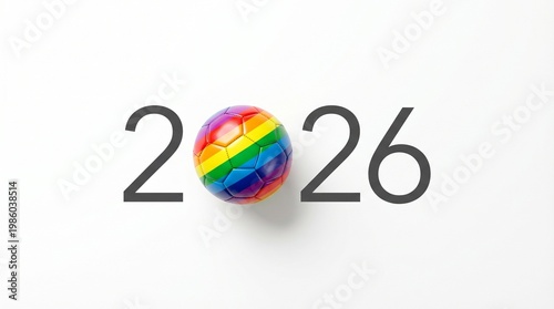 White background with elegant “2026” text, vivid rainbow soccer ball inside the zero, soft shadow, ultra-clean minimal style, perfect copy space for marketing