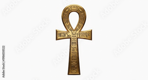 Ancient egyptian golden ankh symbol with intricate hieroglyphic carvings isolated on white