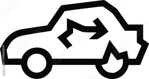 Outline Icon Depicting a Damaged Car Vehicle with an Arrow Indicating Collision Impact