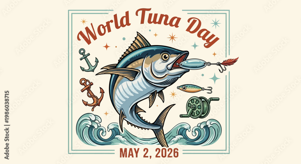 Fototapeta premium Vintage retro World Tuna Day vector illustration with tuna fish, anchors, and waves isolated on background