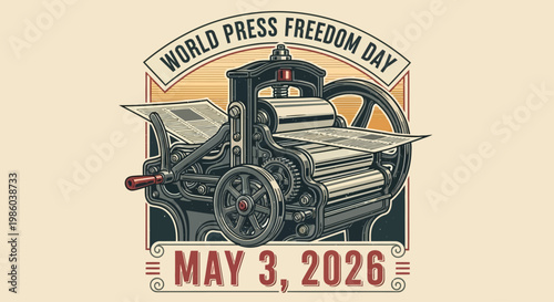 World Press Freedom Day vintage printing press illustration with banner and date May 3 2026 isolated on background
