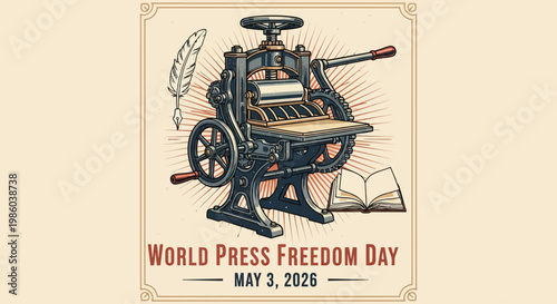 vintage printing press illustration for world press freedom day poster isolated on background