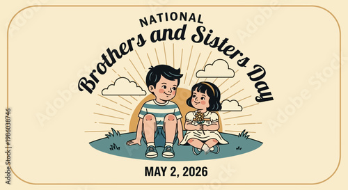 Vintage retro brothers and sisters day badge with children sitting on crescent moon isolated on background