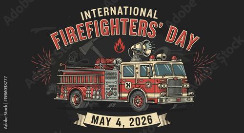 International Firefighters' Day badge with vintage fire truck and celebration elements isolated on background