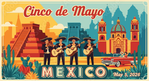 Vintage retro mariachi band celebrating Cinco de Mayo in Mexico with cacti, pyramid, and cathedral isolated on background