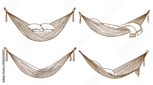 Four illustrations of hammocks in brown ink, one with pillows, another with a blanket, and the others empty