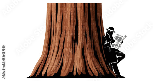 Detective Silhouette reading newspaper leaning against ancient tree trunk with digital binary code