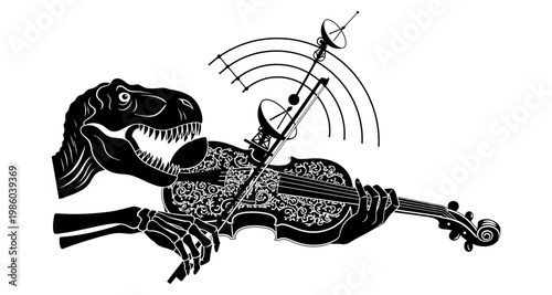 Dinosaur skeleton playing violin with satellite dish during night sky against white background