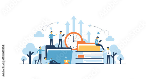 Business growth concept with people and clock illustration.