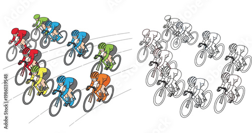 Isometric bicycle race illustration featuring a peloton of cyclists in vibrant colors alongside a black and white line art outline version.