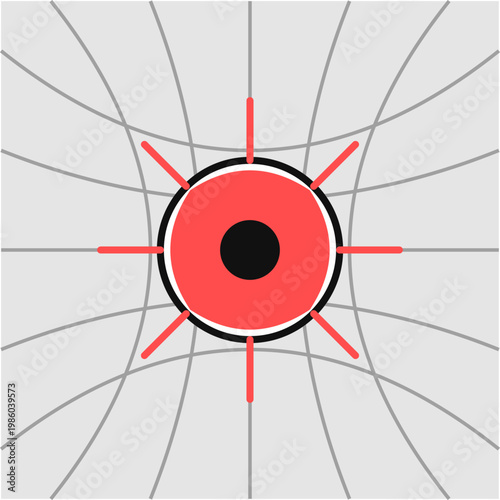 Minimalist graphic of red sphere impacting flexible grid causing curved perspective and surface tension Illustration