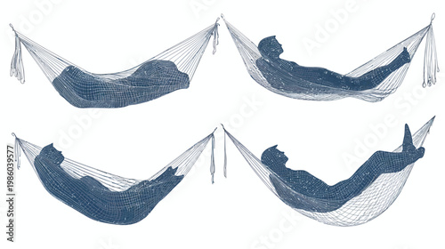Four illustrations of people relaxing in hammocks, depicted in a minimalistic and artistic, blue-toned style