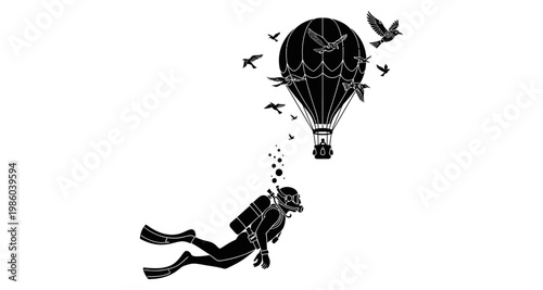 Diver swimming towards hot air balloon with birds in silhouette against white
