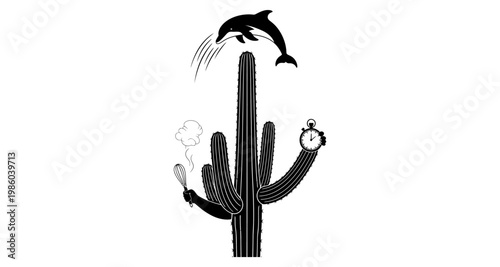 Dolphin leaping over cactus with whisk and stopwatch during surreal desert scene silhouette