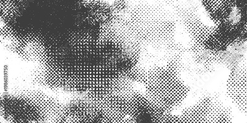 Abstract Black and White Grunge Halftone Texture Vector Background with Distressed Ink Splatters Crosshatching and Urban Grit