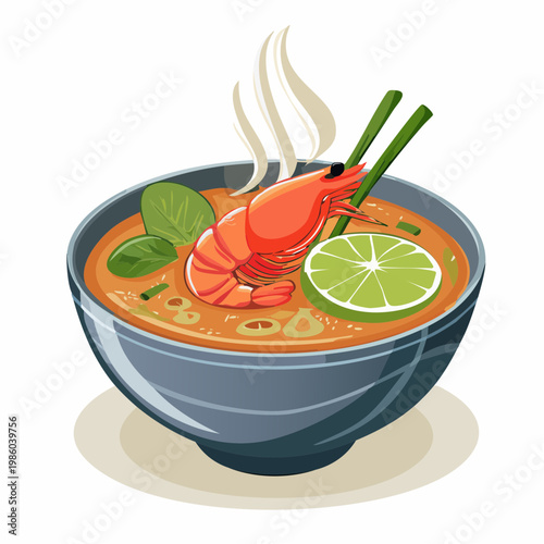 Eine aromatische, scharfe Tom Yum Goong Suppe mit saftigen Garnelen und zartem Fisch