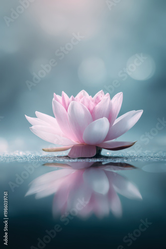 Solitary lotus flower floating on calm reflective water. Spiritual zen minimal nature scene