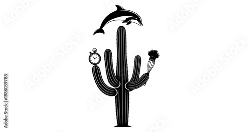 Dolphin leaping over desert cactus with stopwatch and broccoli in silhouette against white